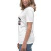 Woman wearing a white printed t-shirt, side view.