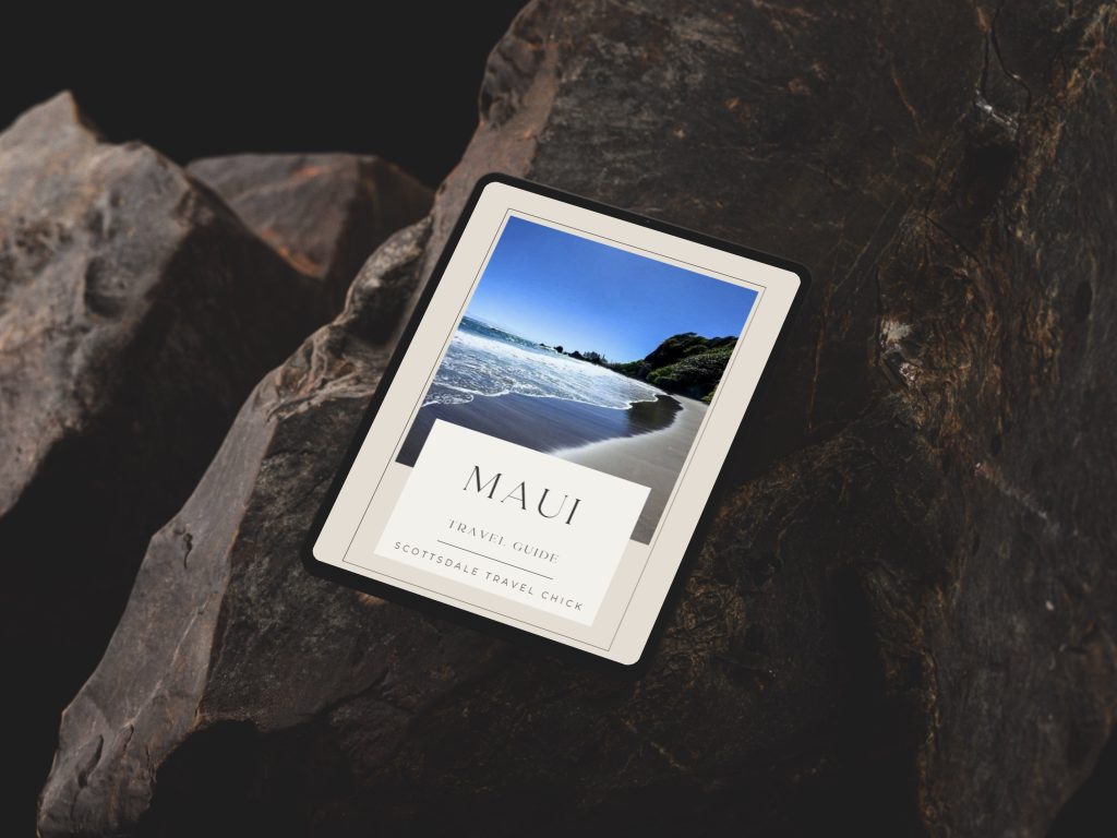 Best of Maui: Beaches, Hikes & Hidden Gems Tablet displaying Maui travel guide cover.