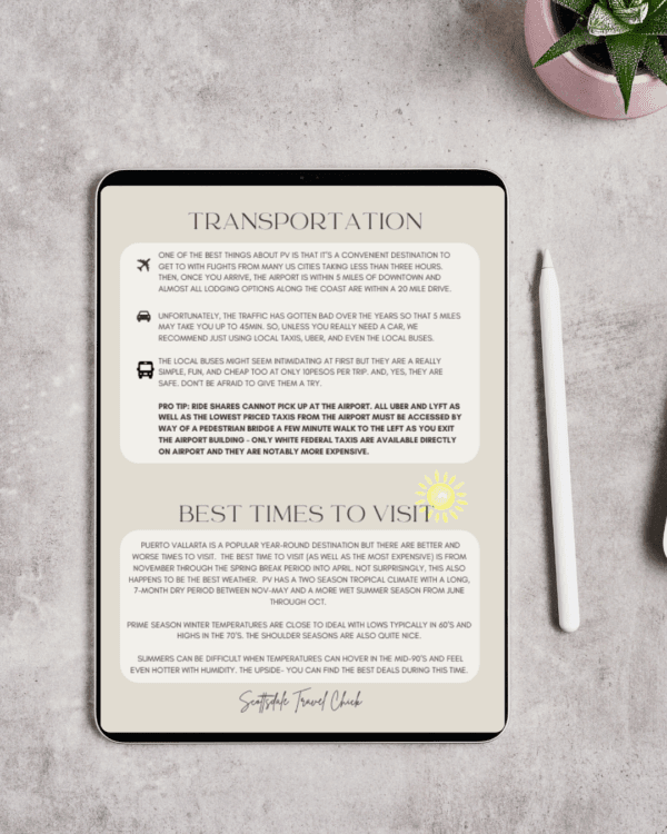 iPad displaying a travel guide on transportation.