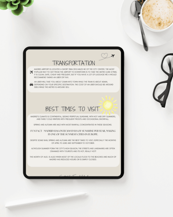 Tablet displaying travel guide for Madrid.