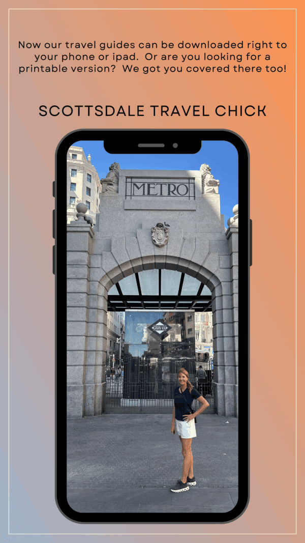 Woman posing at metro entrance, travel guide download.